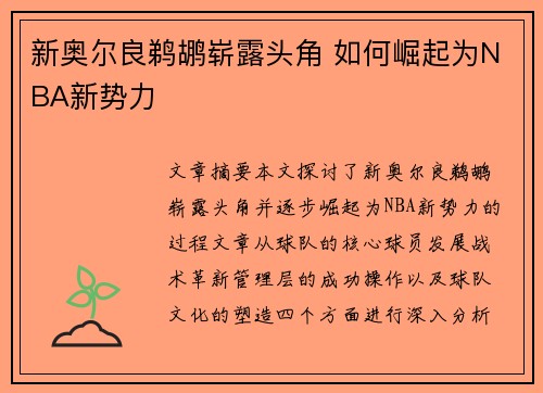 新奥尔良鹈鹕崭露头角 如何崛起为NBA新势力