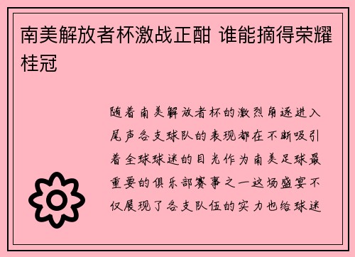 南美解放者杯激战正酣 谁能摘得荣耀桂冠