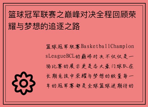 篮球冠军联赛之巅峰对决全程回顾荣耀与梦想的追逐之路