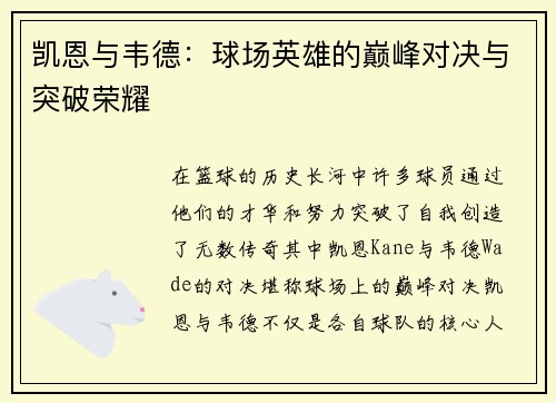 凯恩与韦德：球场英雄的巅峰对决与突破荣耀
